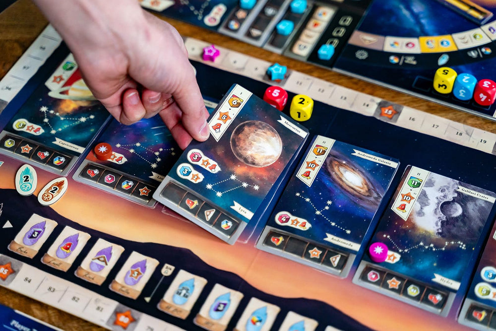 Capstone Games Galileo Galilei players around table enjoying competitive telescope upgrades