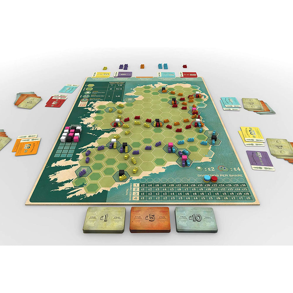 Capstone Games Irish Gauge share cards illustrating investment options.