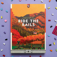 Capstone Games Ride The Rails box and components showcase compact, organized setup.