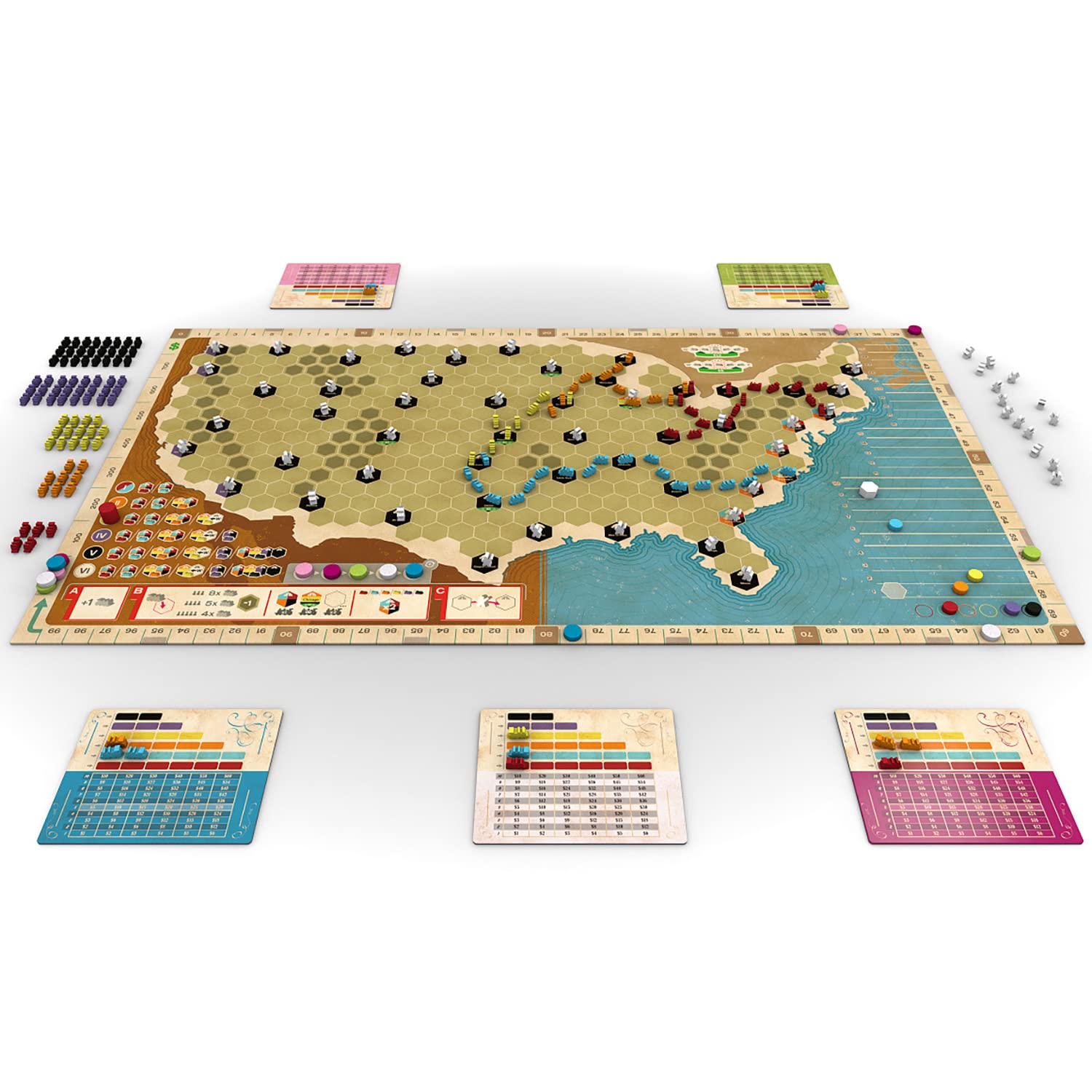 Capstone Games Ride The Rails round tiles introduce new companies each session.