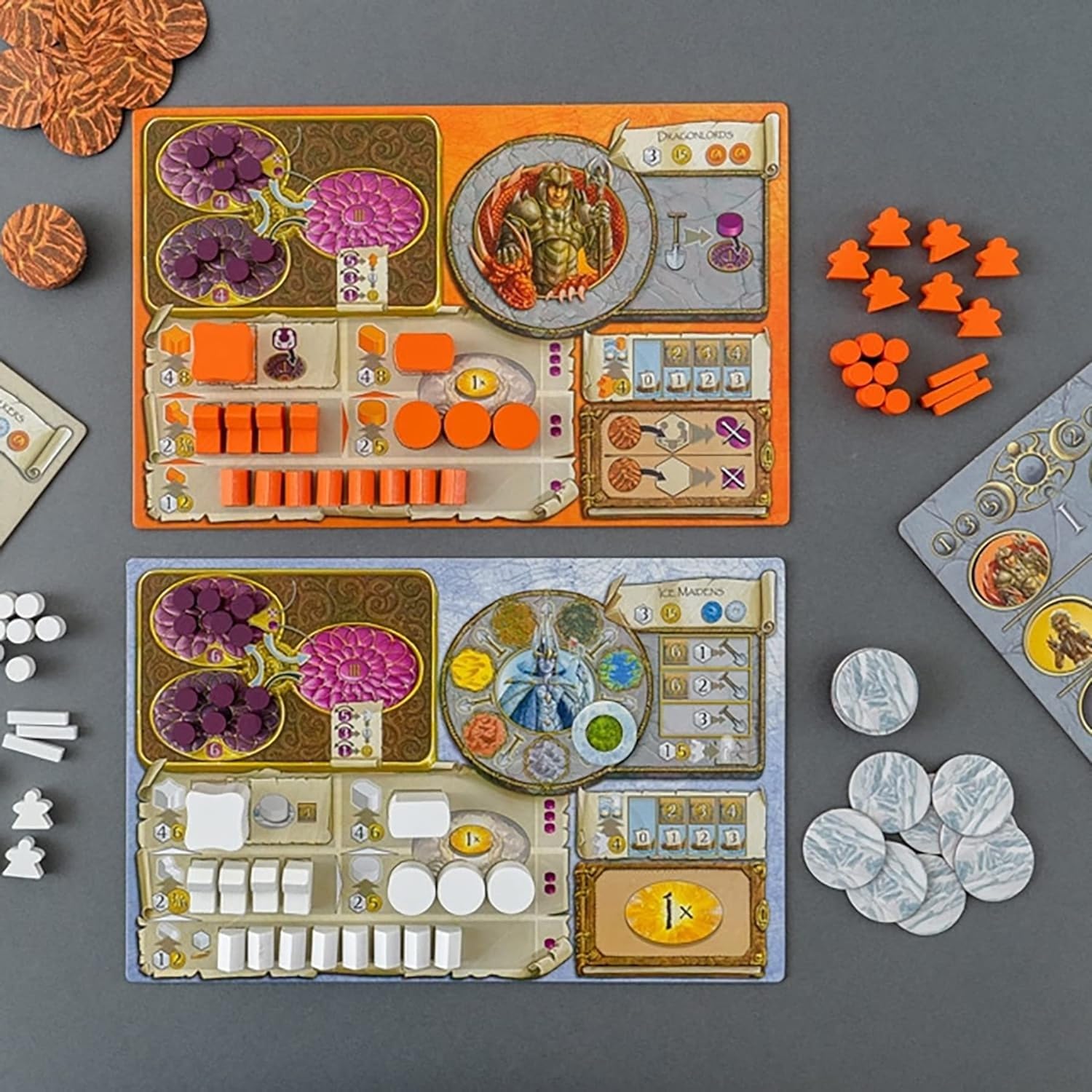 Capstone Games Terra Mystica Fire and Ice ice maidens faction cards emphasize temple synergy.