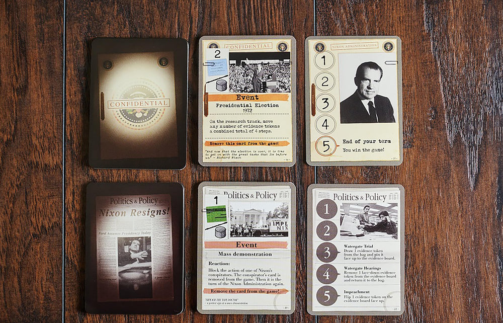 Capstone Games Watergate informant cards and leaks, suggesting access to crucial information during play.