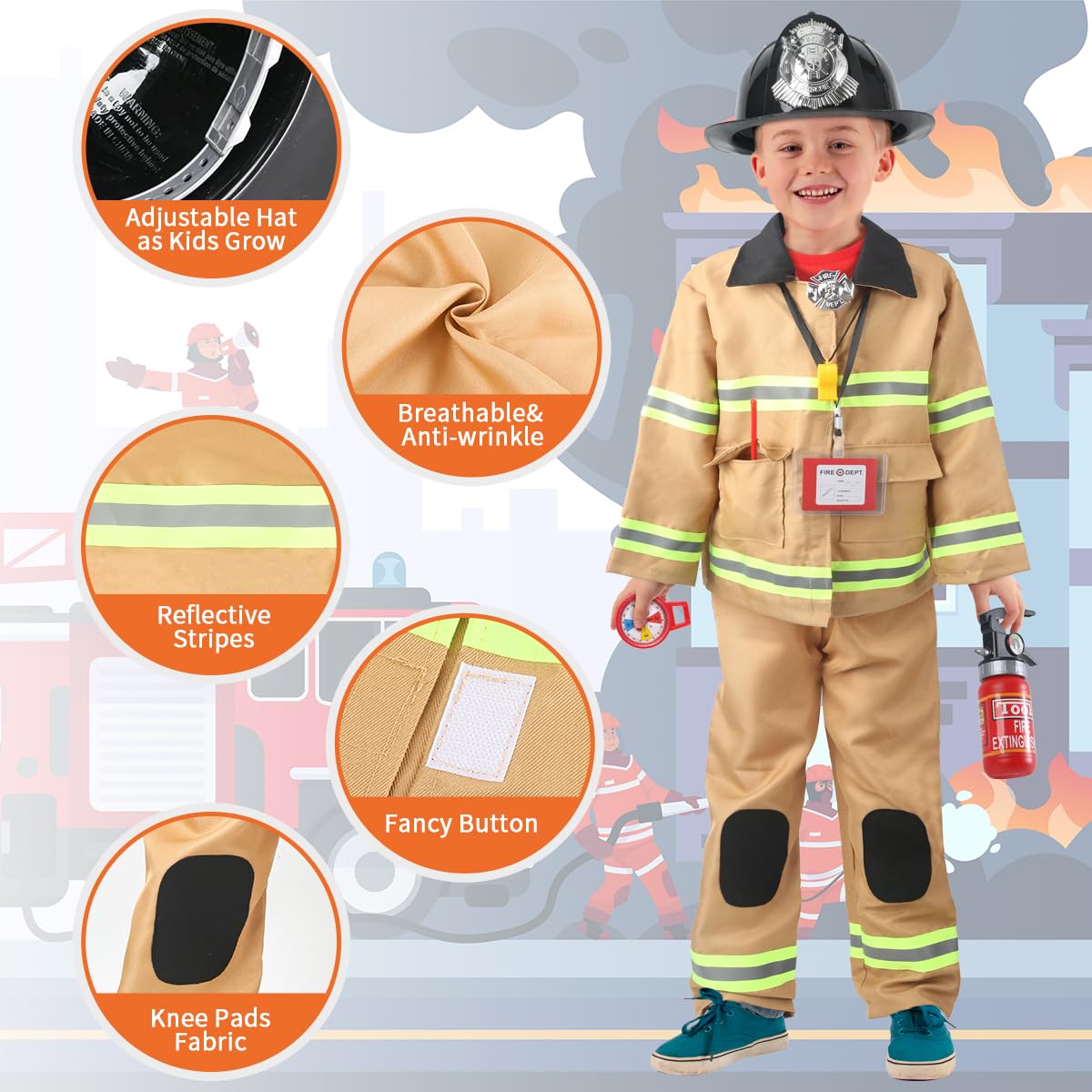 Captain Chaowing firefighter costume pants for kids with knee protection fabric