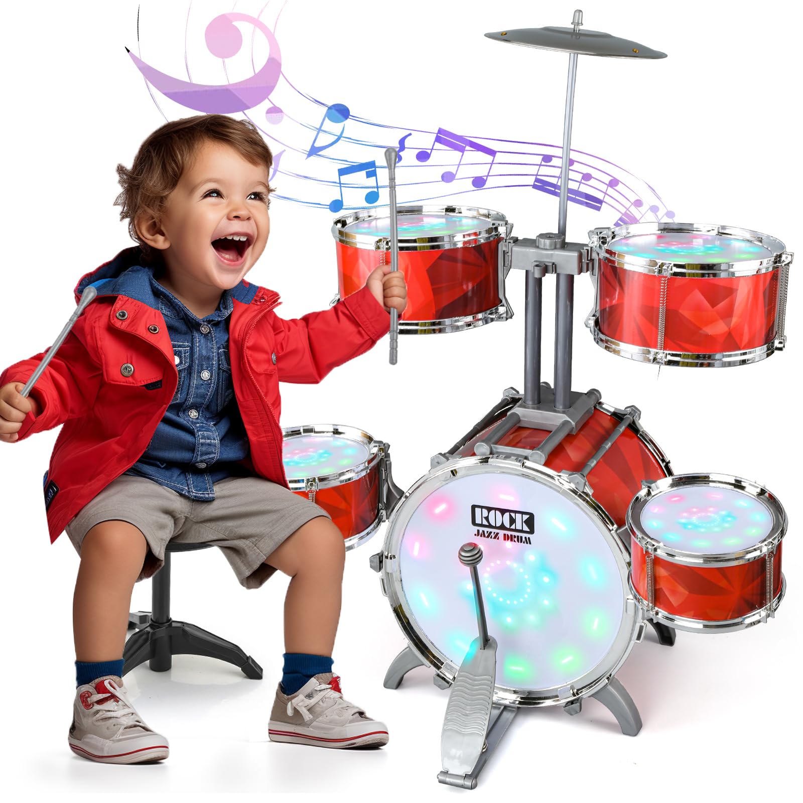 CAPTAIN CHAOWING Toddlers Drum Set with lights enhances rhythm through visual cues.