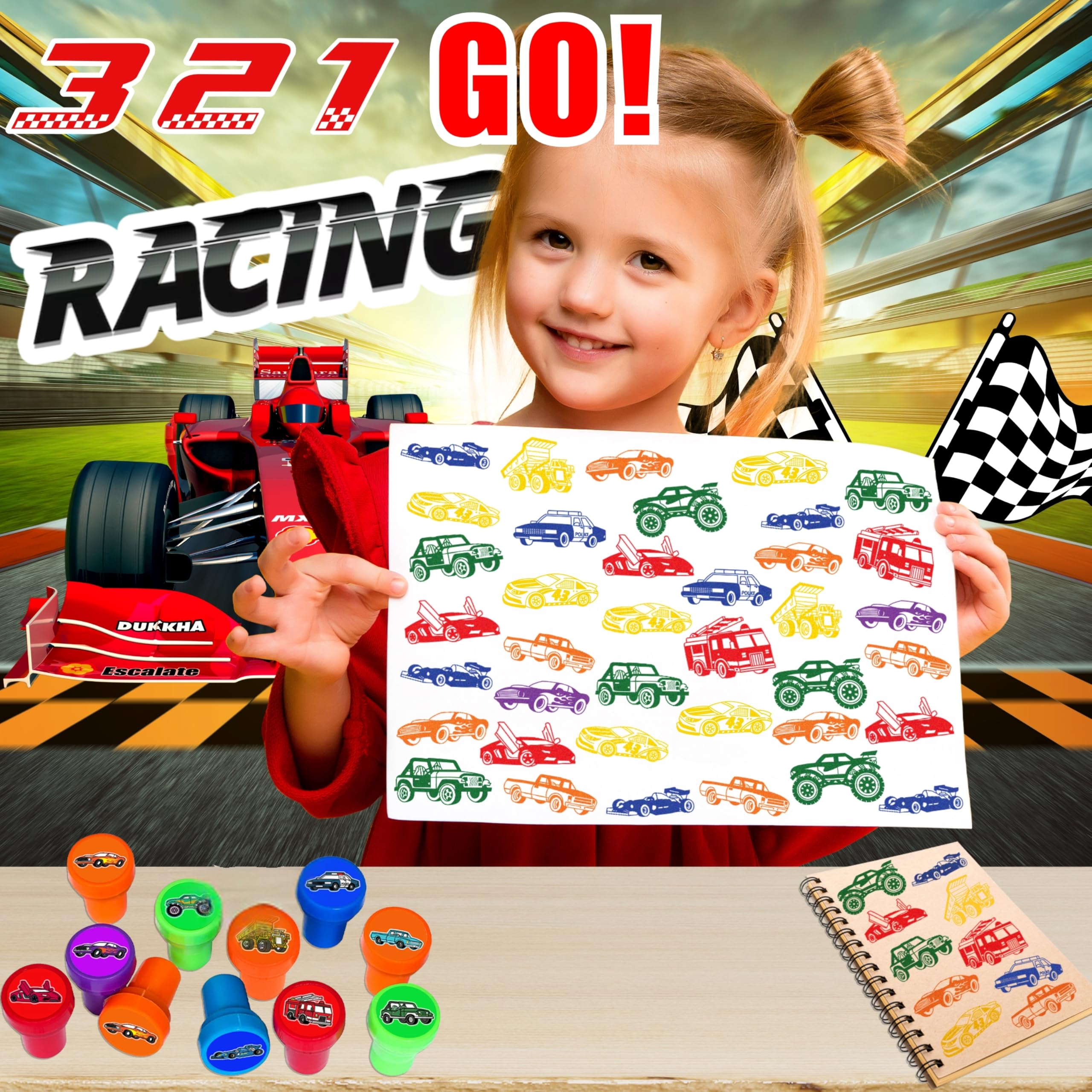 Car and Truck Stamps 12pc set designs offer colorful vehicle stamps for crafts.