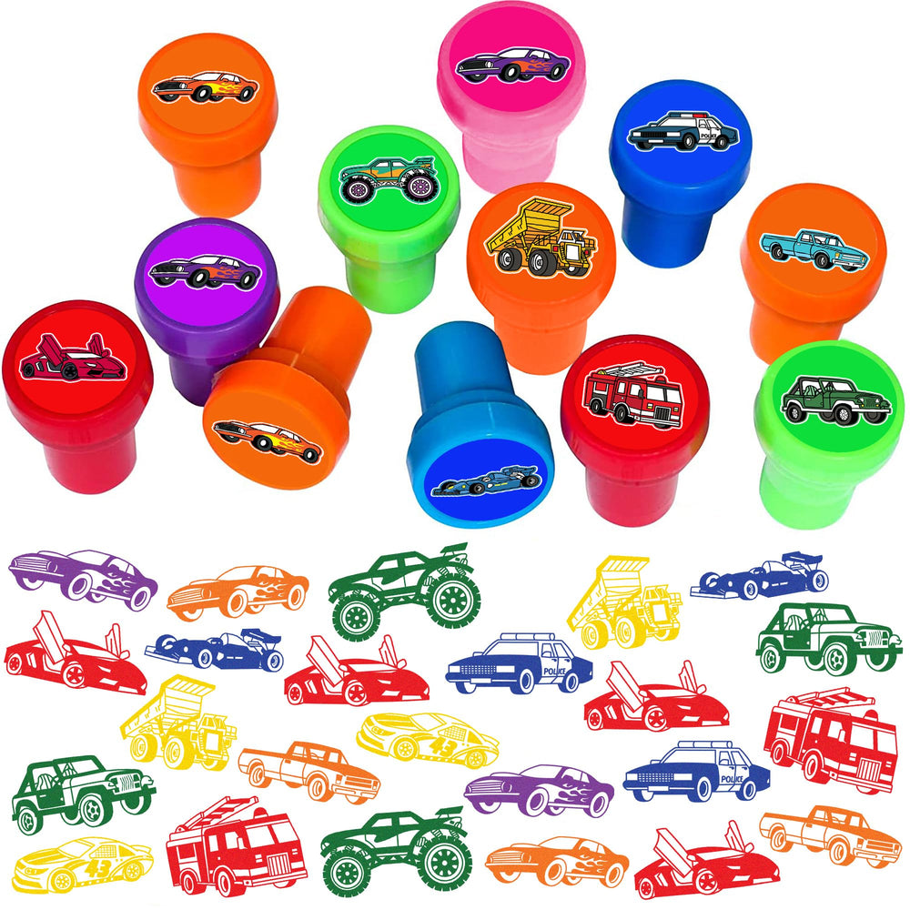Car and Truck Stamps 12pc set packaging shows vibrant designs for party favors.