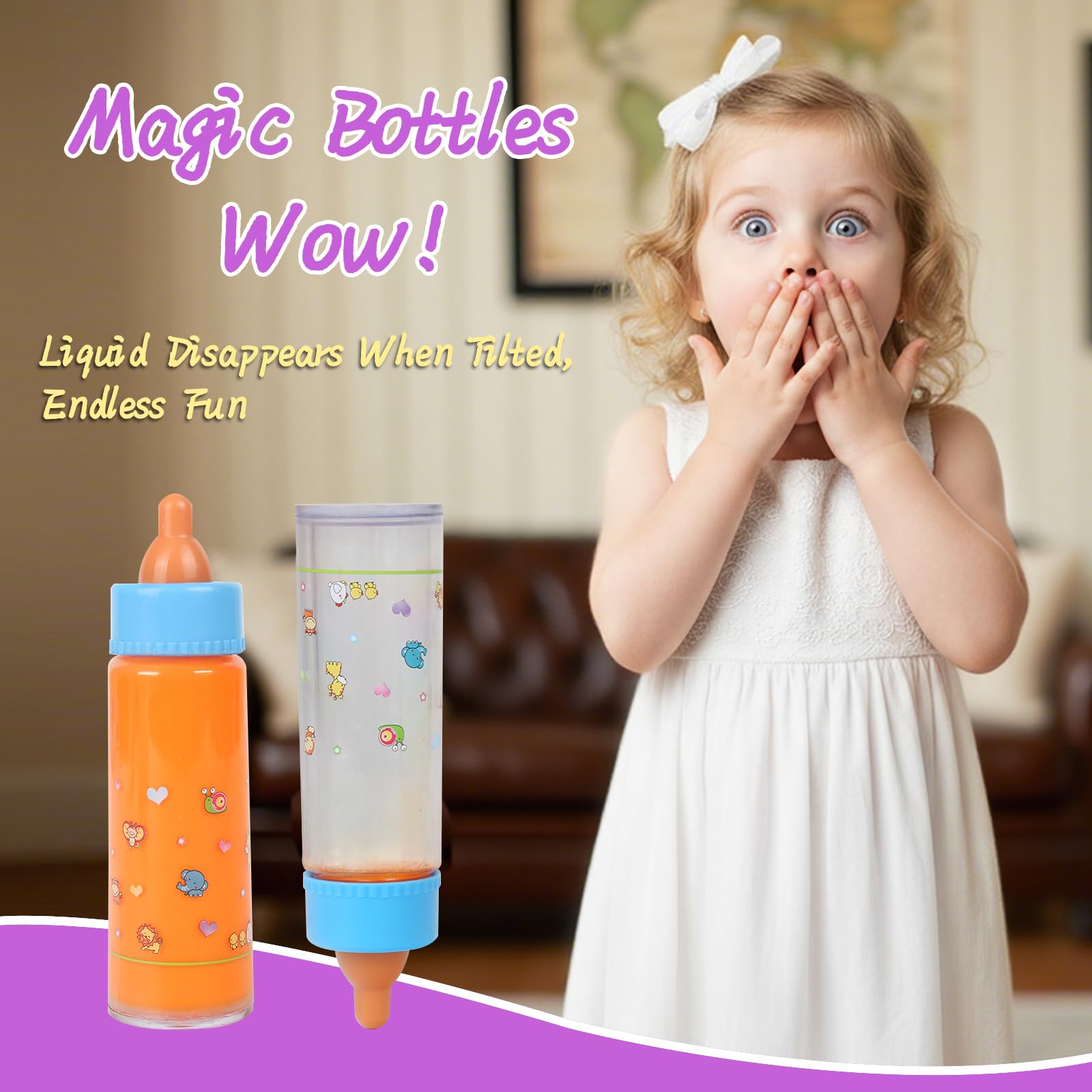 CARANOVO magic bottles with disappearing juice add interactive doll care.