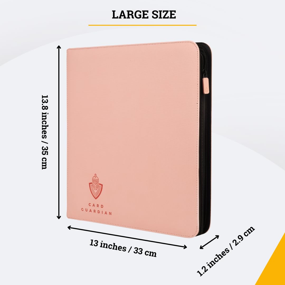 Card Guardian pink binder demonstrates 480-card capacity in a compact form.