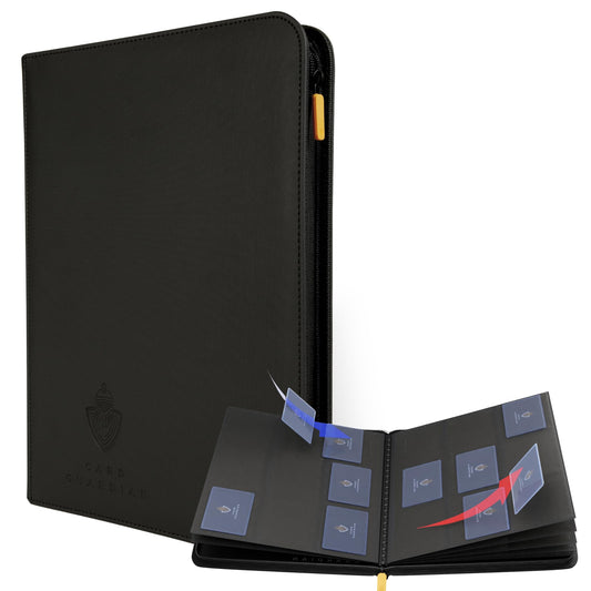 Card Guardian 9-pocket black binder front view stores up to 360 cards securely.