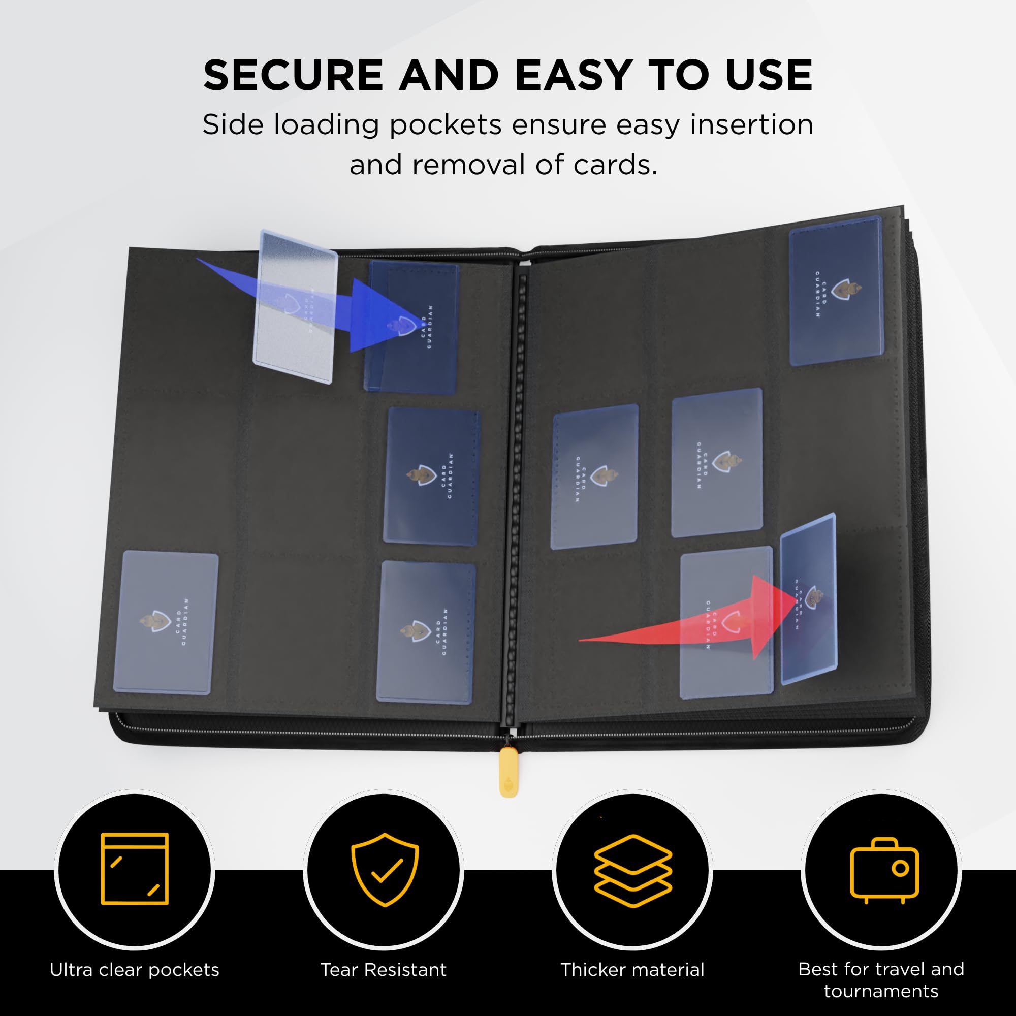 Card Guardian side-loading pockets illustrate easy access without removing cards.