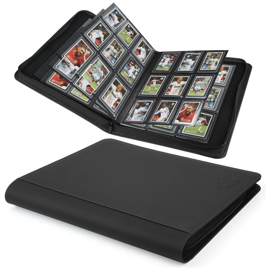 CARDBINDER Toploader binder front view in black, durable PU leather for card storage.