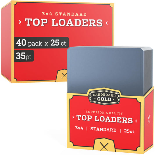 Cardboard Gold 35pt toploader front view protects cards from dust and scratches.