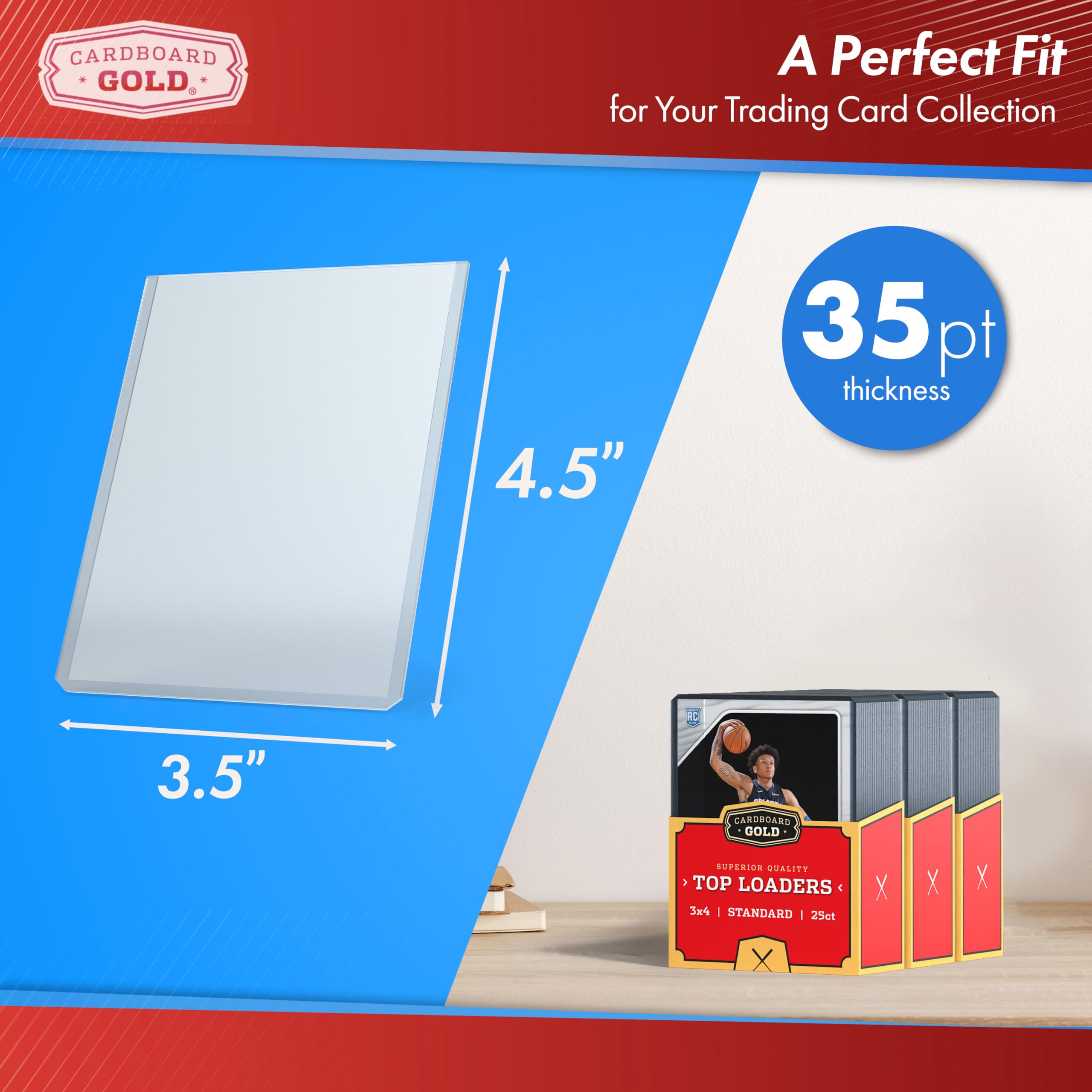 Cardboard Gold 35pt Toploader side-profile protects cards on display.