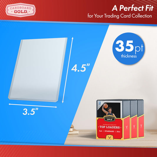 Cardboard Gold 35pt Toploader side-profile protects cards on display.
