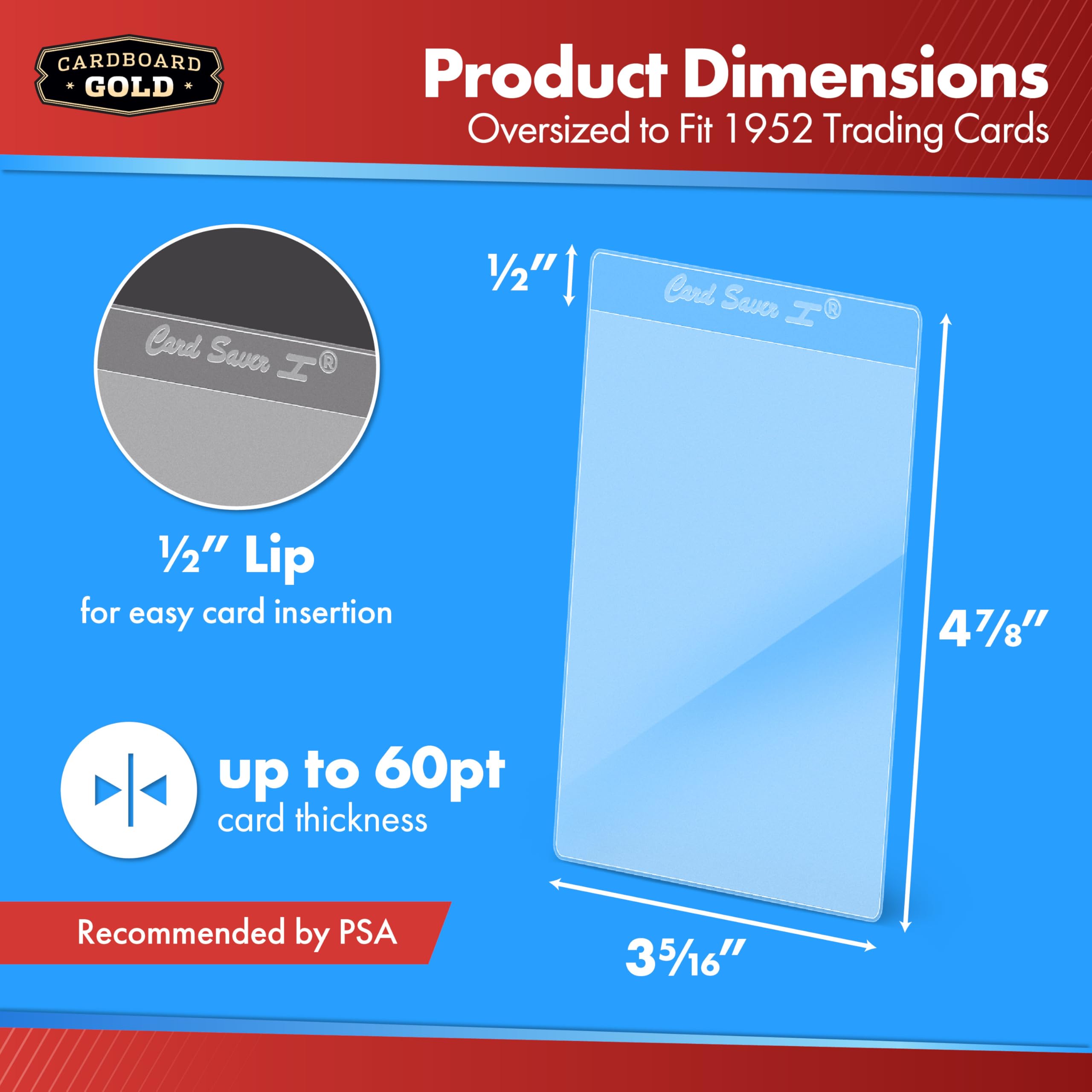 Cardboard Gold Card Saver 1 closeup-clarity shows crystal-clear protection for valuable cards.