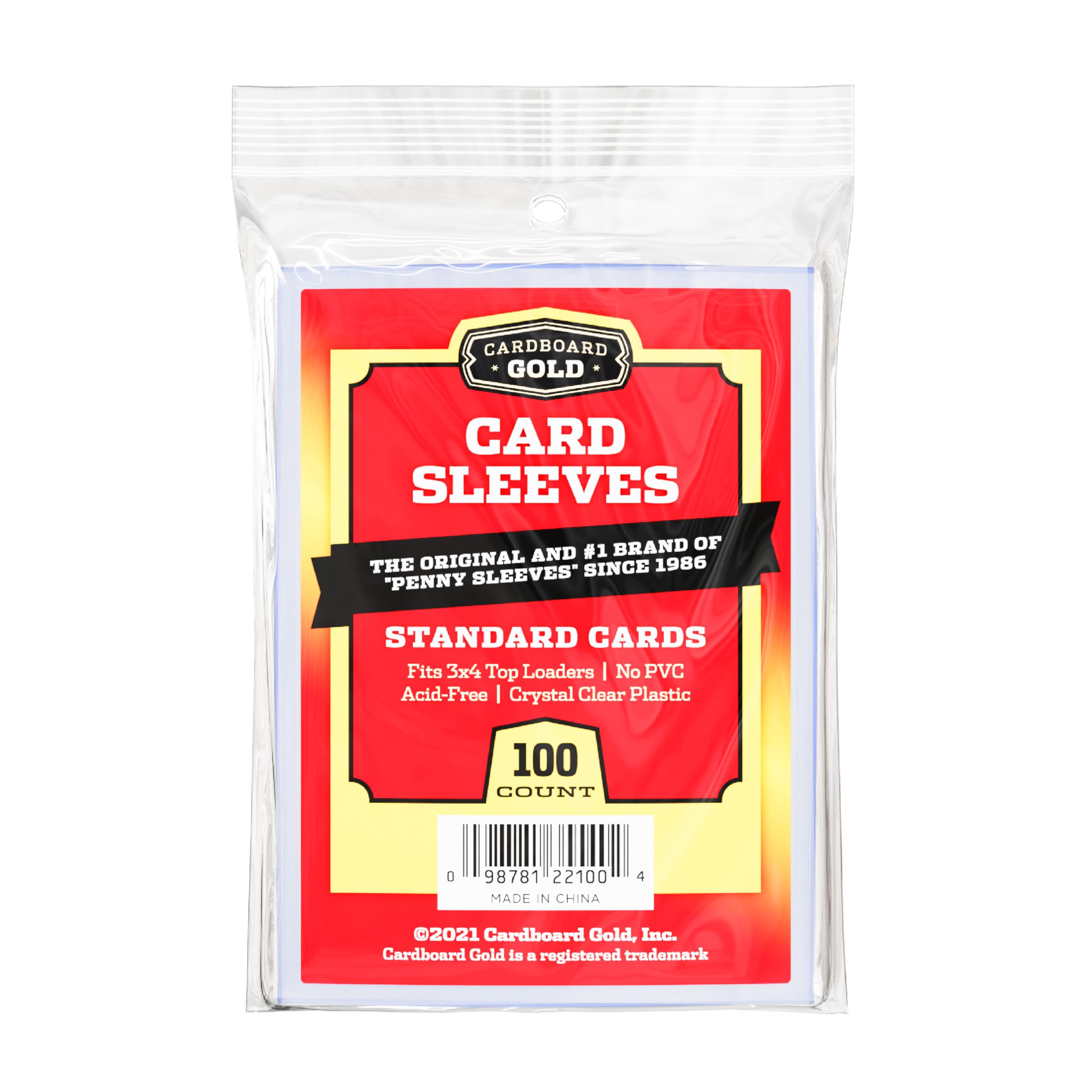 Cardboard Gold penny sleeves with clear display for quick card identification.