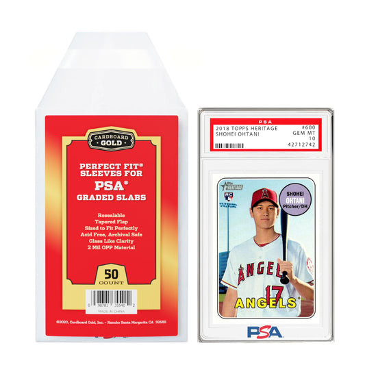 Cardboard Gold PSA logo sleeve close-up showing authentic branding and display-ready protection