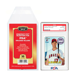 Cardboard Gold PSA logo sleeve close-up showing authentic branding and display-ready protection