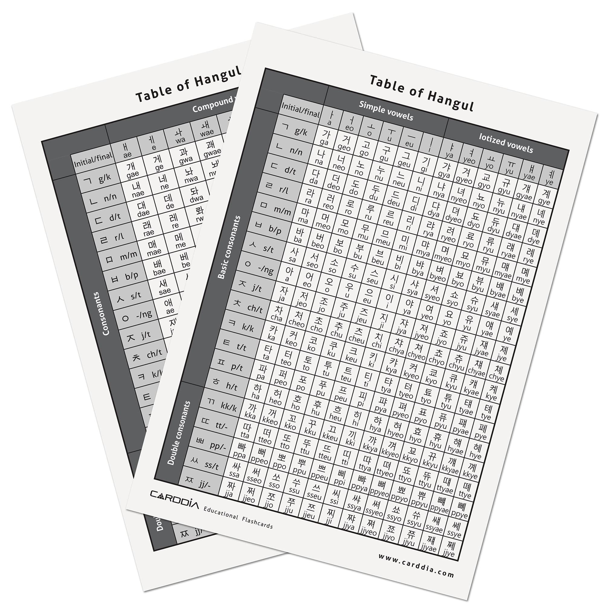 CARDDIA Hangul flashcards back view showing pronunciation and stroke order guidance.
