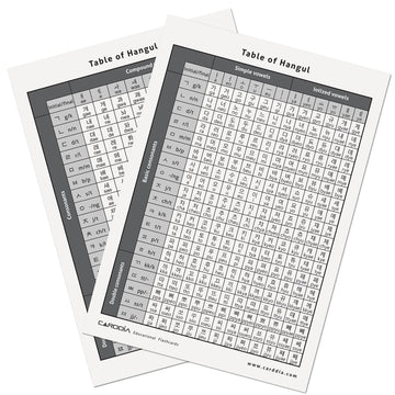 CARDDIA Hangul flashcards back view showing pronunciation and stroke order guidance.
