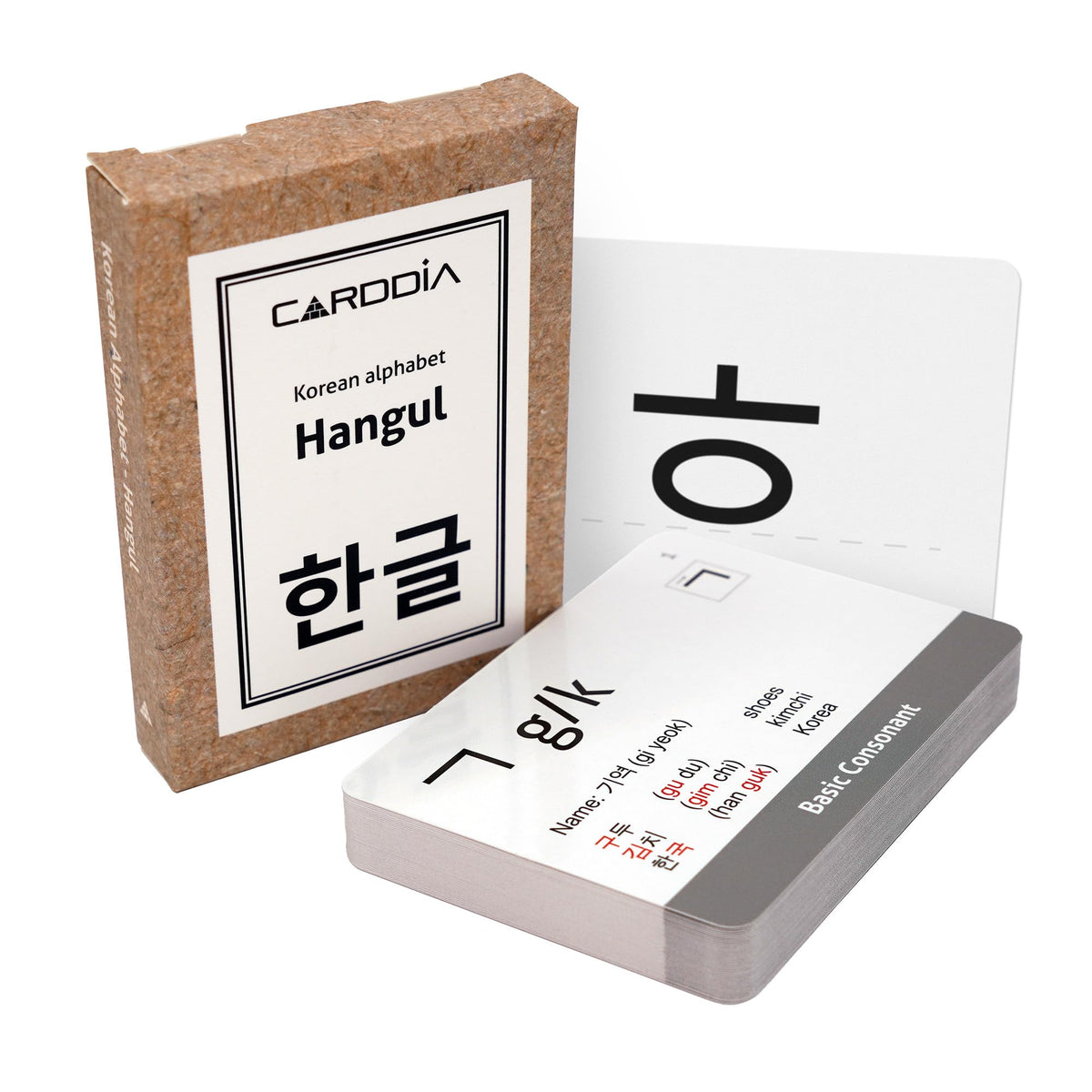 CARDDIA Hangul flashcards front view focusing on consonants for quick study.