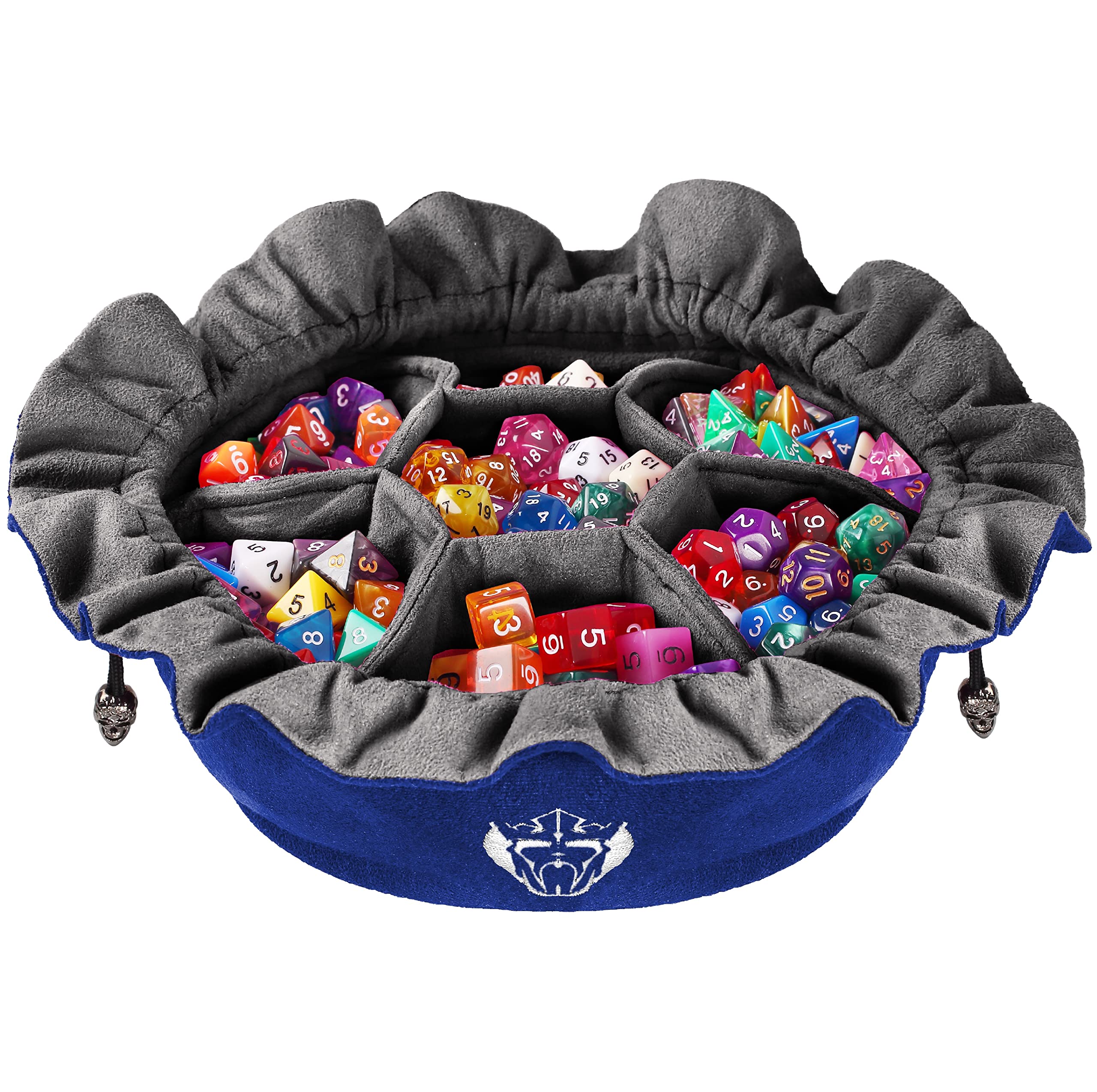 CardKingPro Immense Dice Bag Blue, side view showing seven compartments for organized dice.