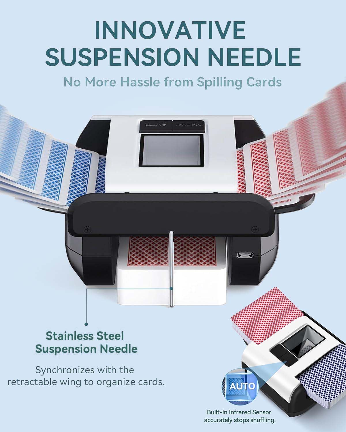 CARDSPIN battery-powered shuffler offers portable table-side convenience.