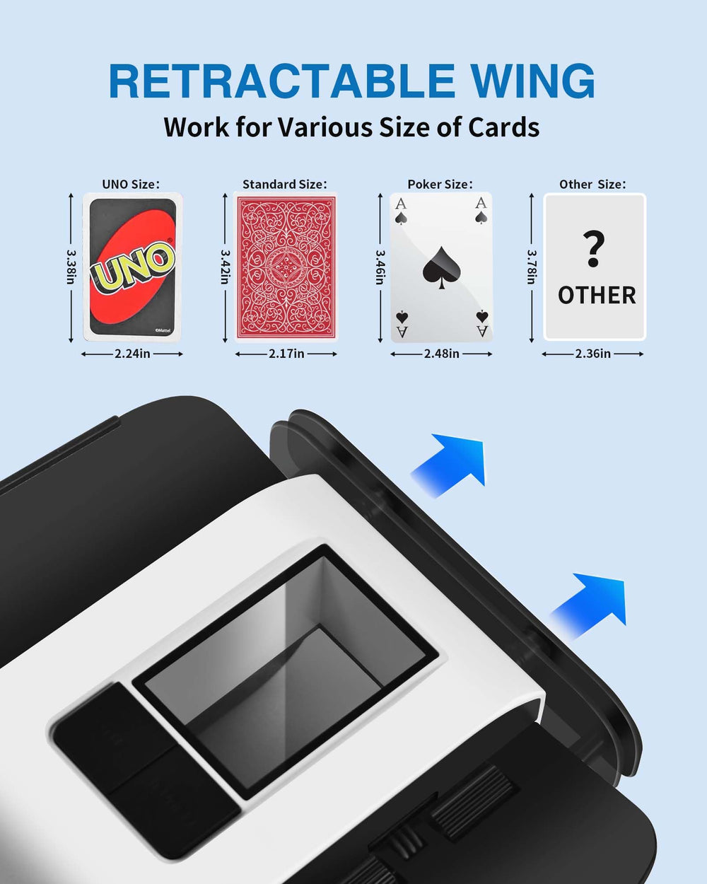 CARDSPIN retractable wing adapts to standard and smaller cards.
