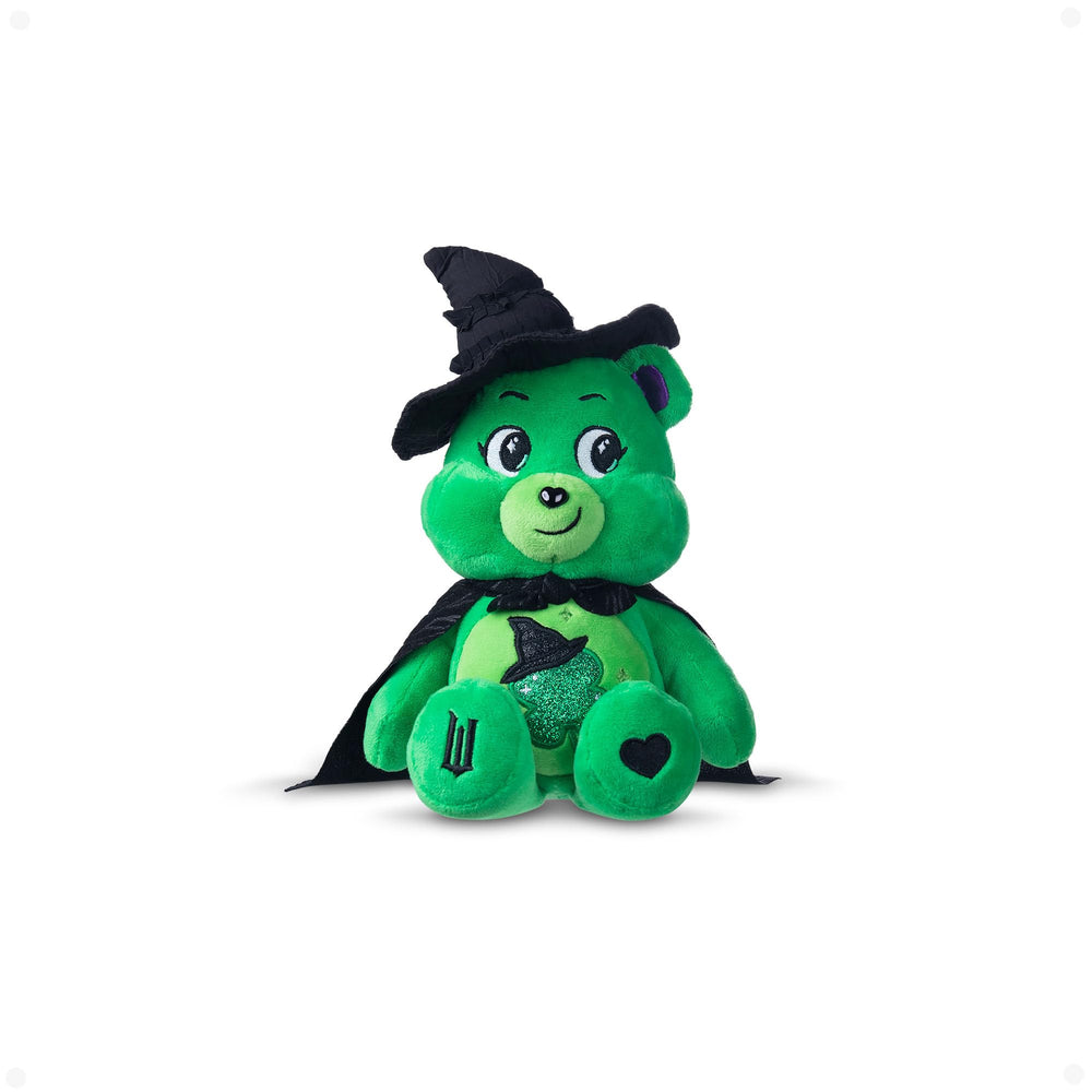 Care Bears Good Luck Bear Elphaba plush with cape and hat; perfect for display.