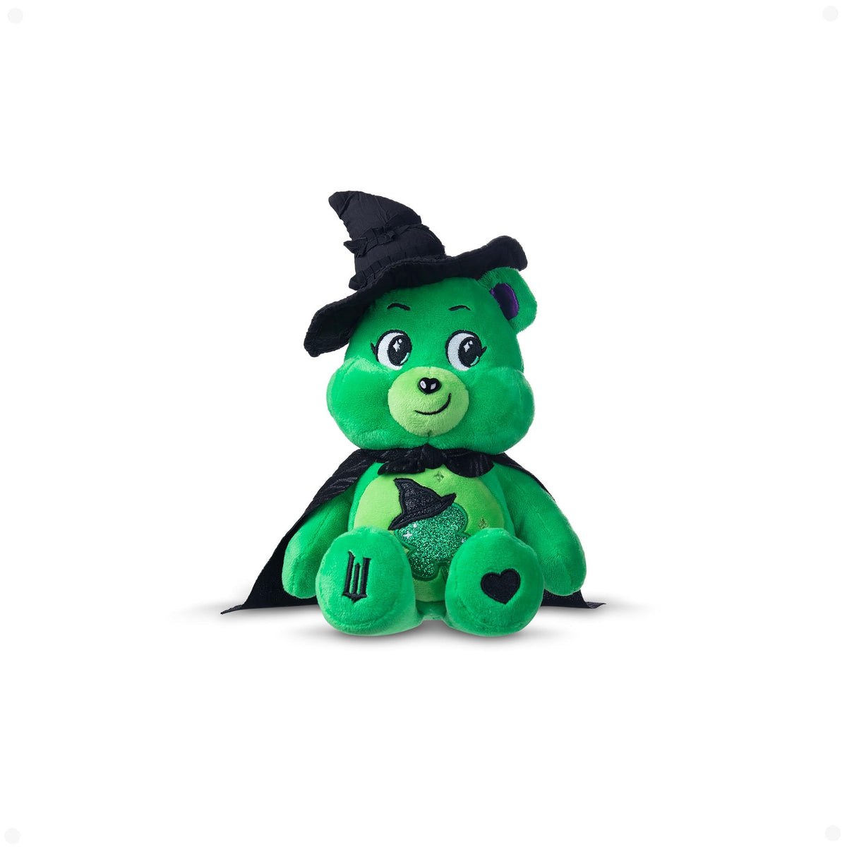 Care Bears Good Luck Bear Elphaba plush with cape and hat; perfect for display.