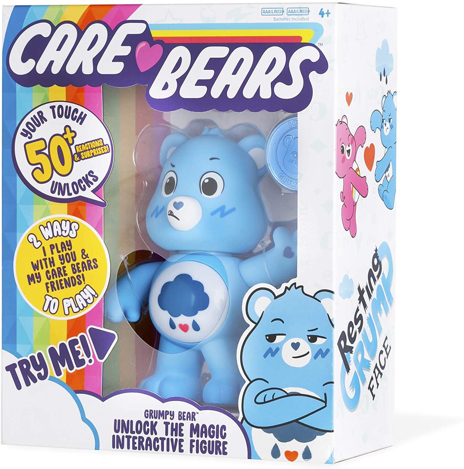 Care Bears Grumpy Bear collectible coin included for display and trading.