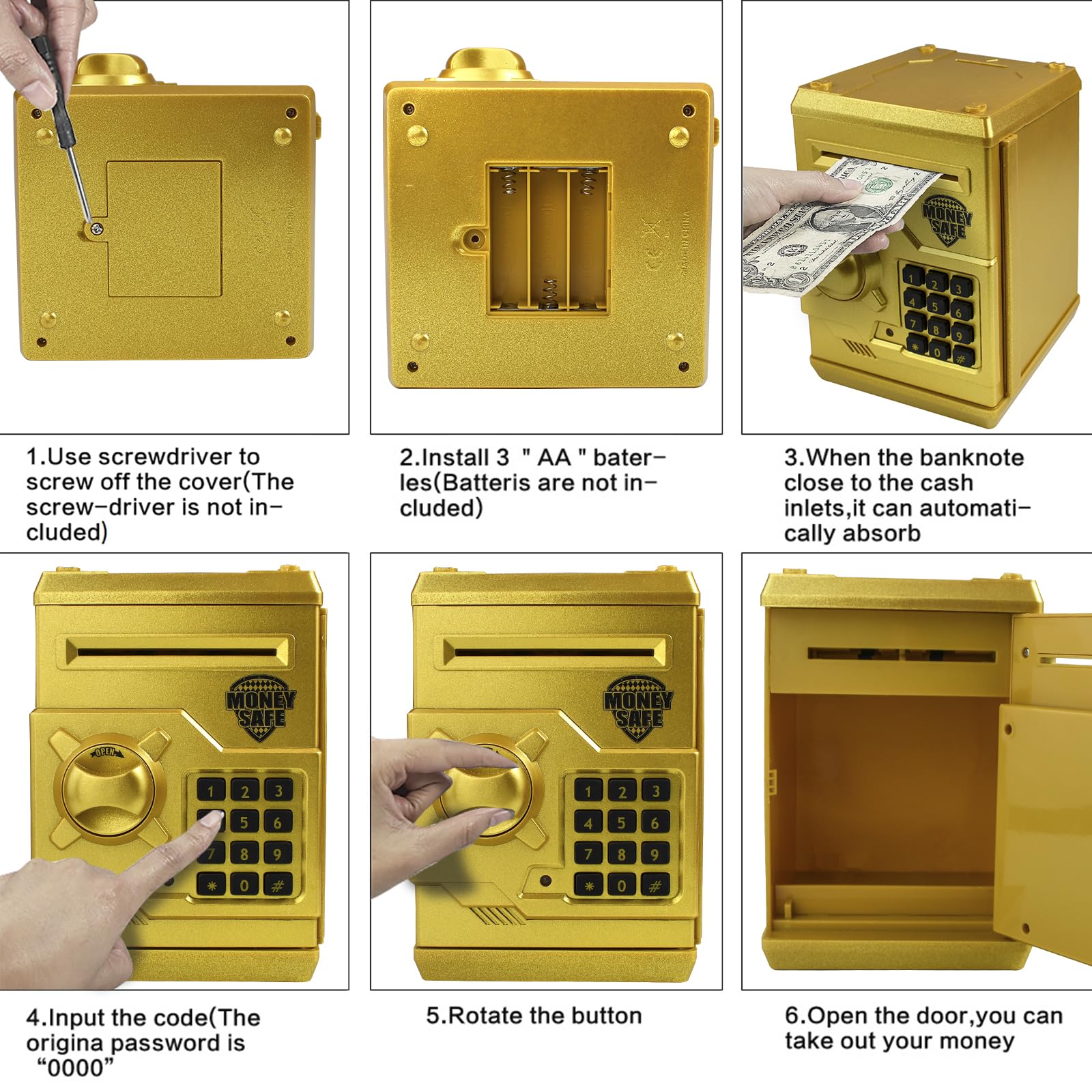 Cargooy Mini ATM Piggy Bank battery compartment requires 3 AA batteries.