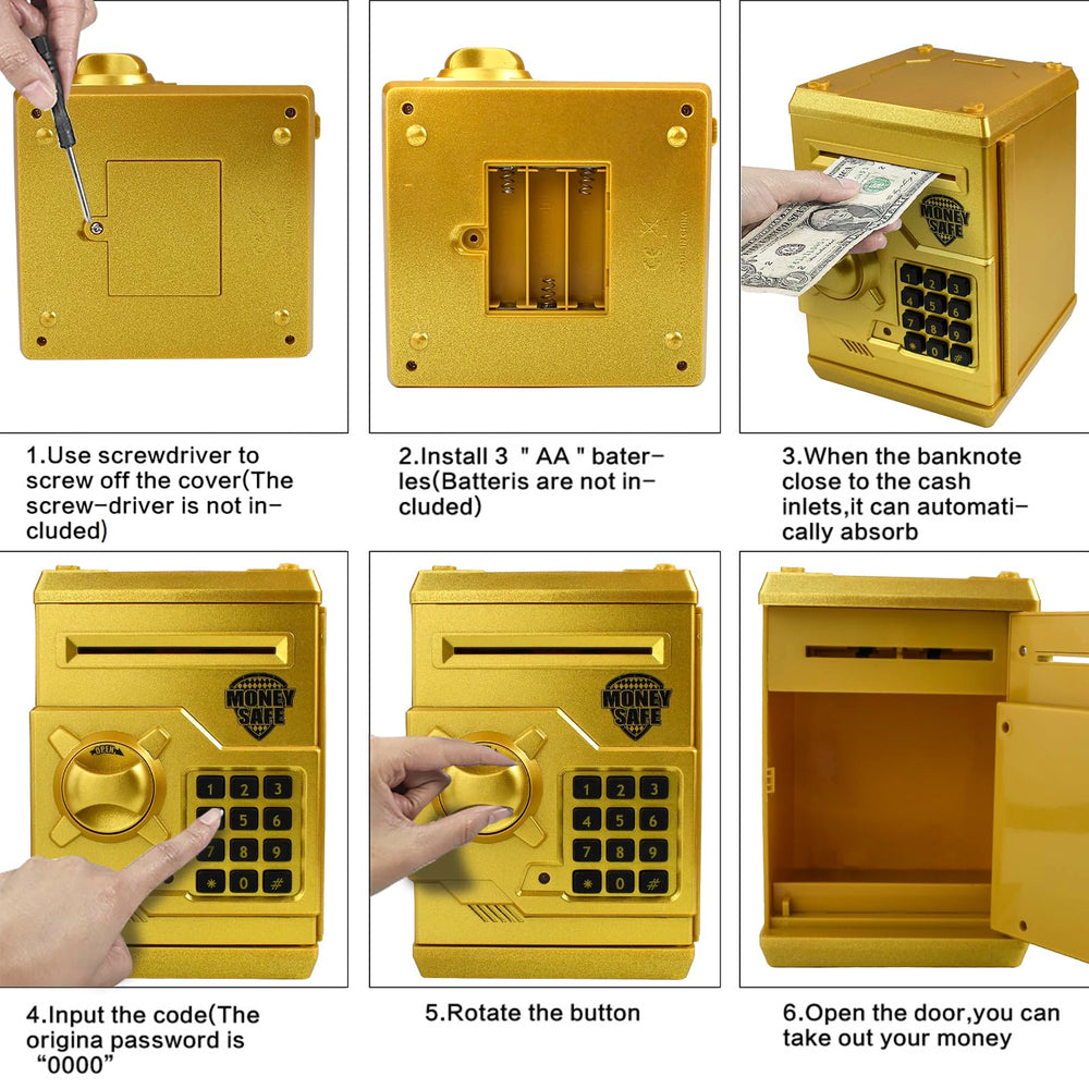 Cargooy Mini ATM Piggy Bank battery compartment requires 3 AA batteries.