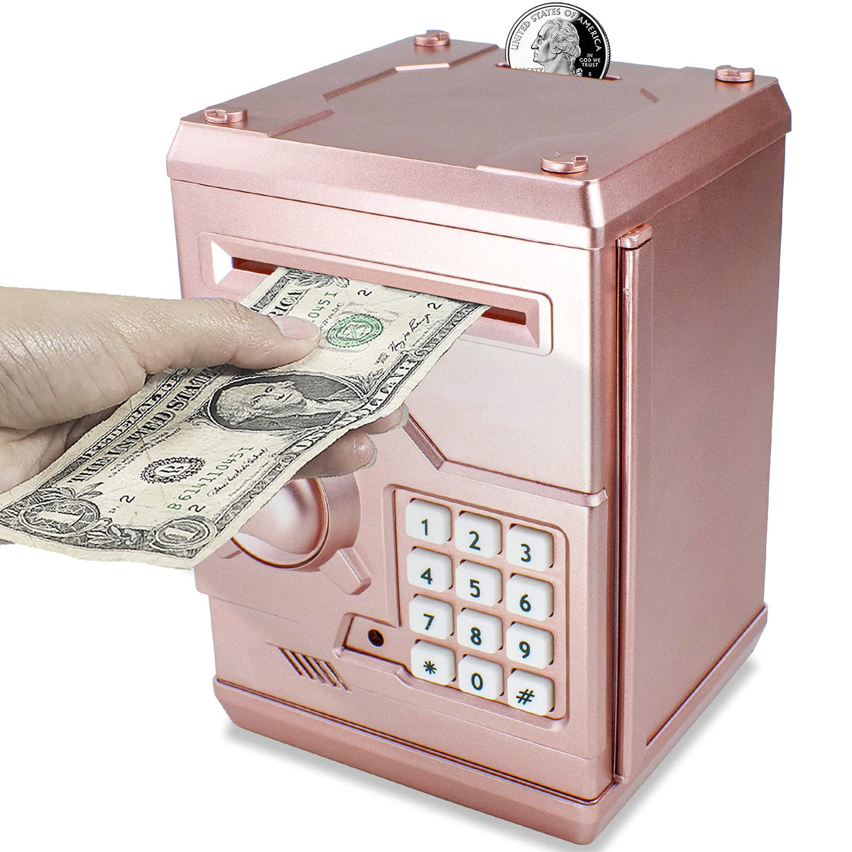 Cargooy Mini ATM Piggy Bank front view in rose gold encourages organized savings for kids