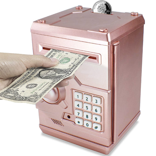 Cargooy Mini ATM Piggy Bank front view in rose gold encourages organized savings for kids