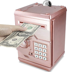 Cargooy Mini ATM Piggy Bank front view in rose gold encourages organized savings for kids