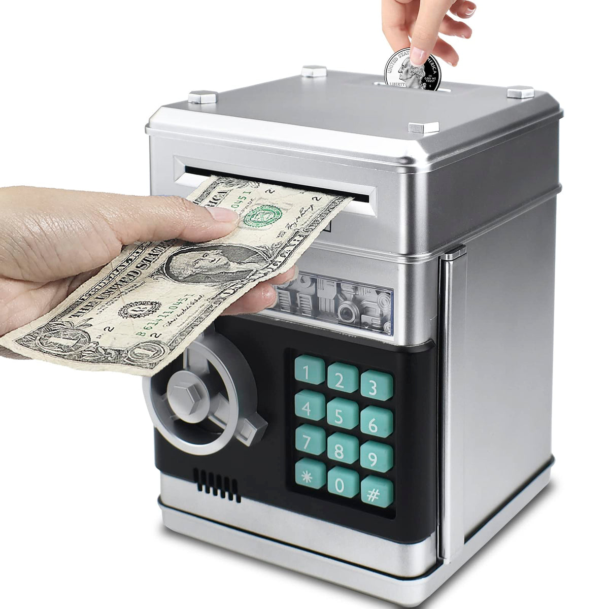 Cargooy mini ATM piggy bank front view secure saving for kids