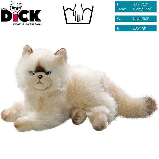Carl Dick Himalayan Chocolate Point plush cat, side view, smooth beige fur for decorative appeal