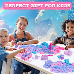 Unicorn and rainbow decorations encourage digging, discovery, and color experimentation.