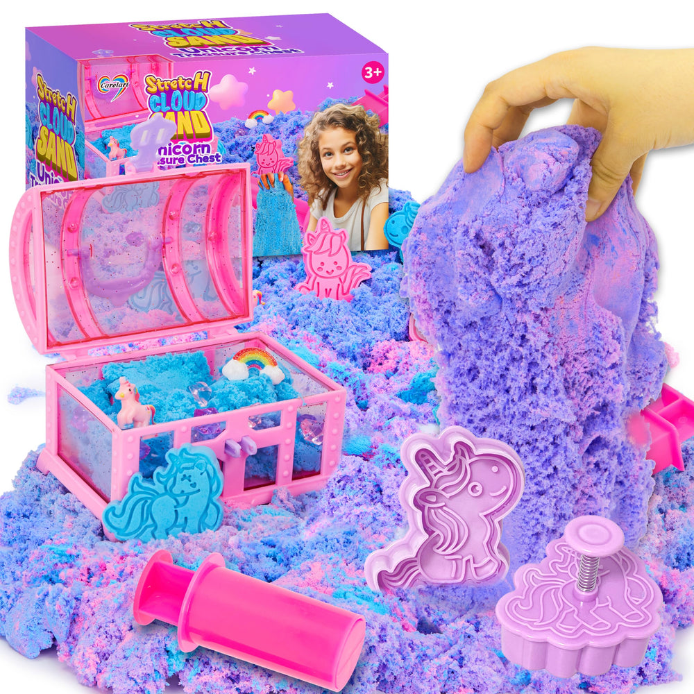 Carolart Unicorn Stretchy Cloud Sand with treasure chest for creative play.