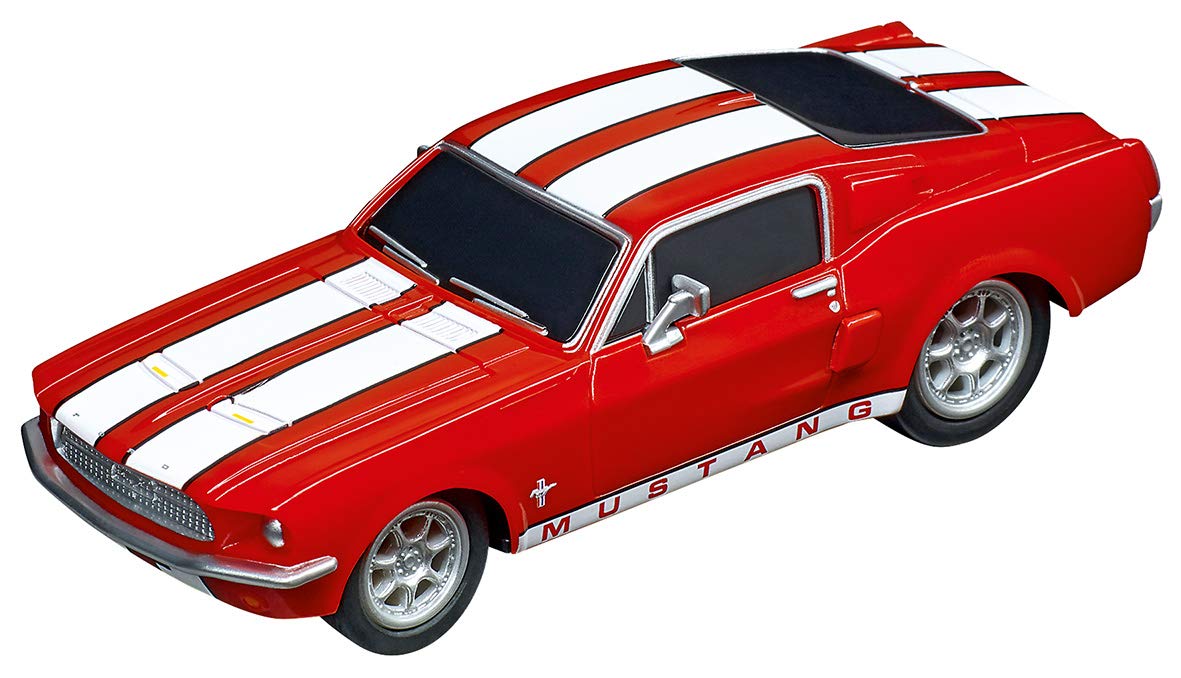 Carrera 64120 red 67 Ford Mustang slot car with authentic tampo-printed detailing for Go!!! racing.
