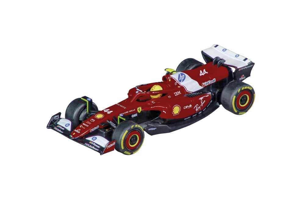 Carrera GO!!! Ferrari SF-25 L. Hamilton side view showcases authentic livery for immersive racing.
