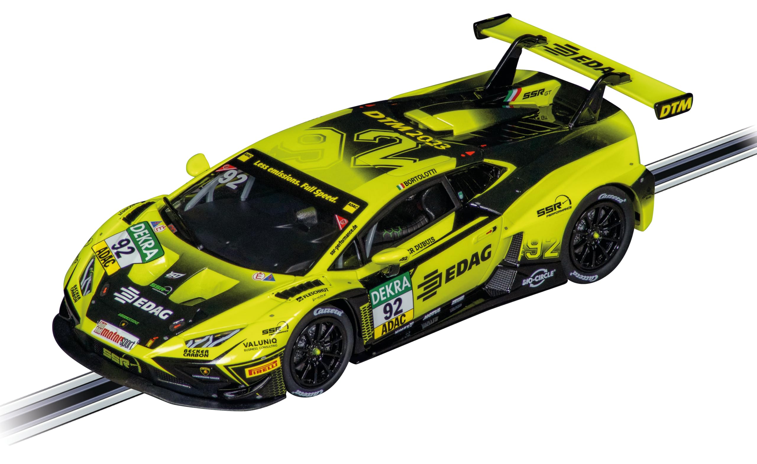 Carrera Lamborghini Huracan GT3 Evo2 SSR front view with authentic headlights and aero cues.