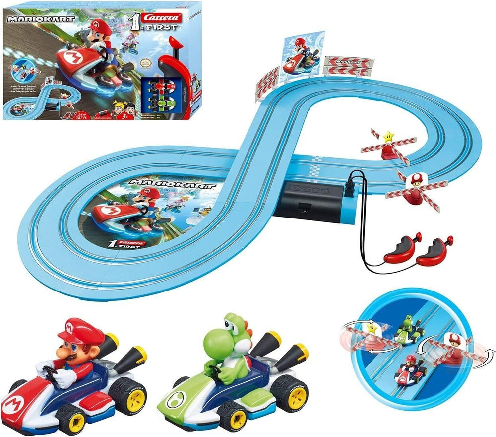 Carrera Mario Kart First W/Spinners track with Mario and Yoshi for kid-friendly racing.
