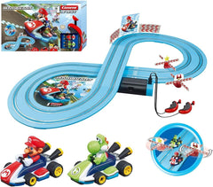 Carrera Mario Kart First W/Spinners track with Mario and Yoshi for kid-friendly racing.