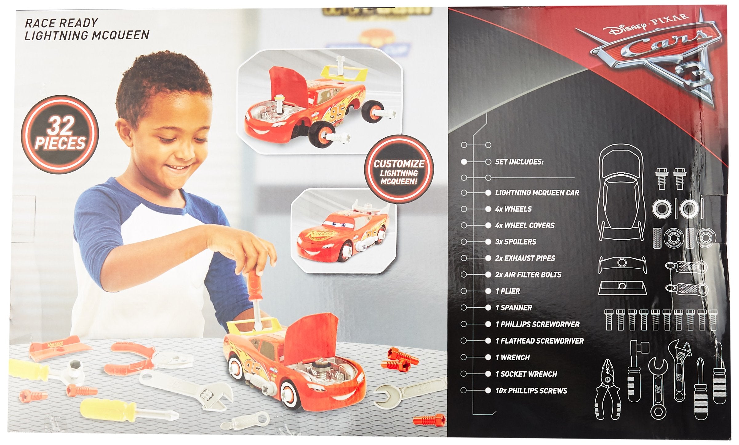 Cars 3 Transforming McQueen Tool Kit tire customization—swap and rotate wheels for aerodynamics