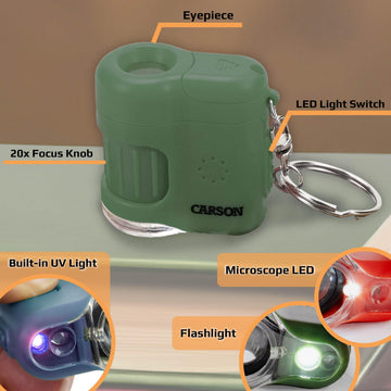 Carson MicroMini green front view showcases compact pocket microscope design