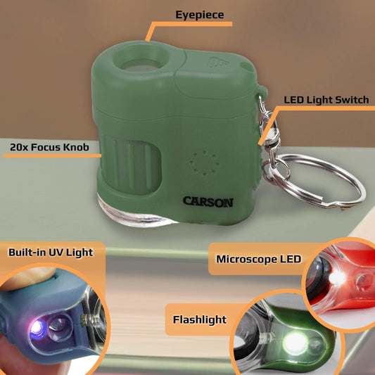Carson MicroMini green front view showcases compact pocket microscope design