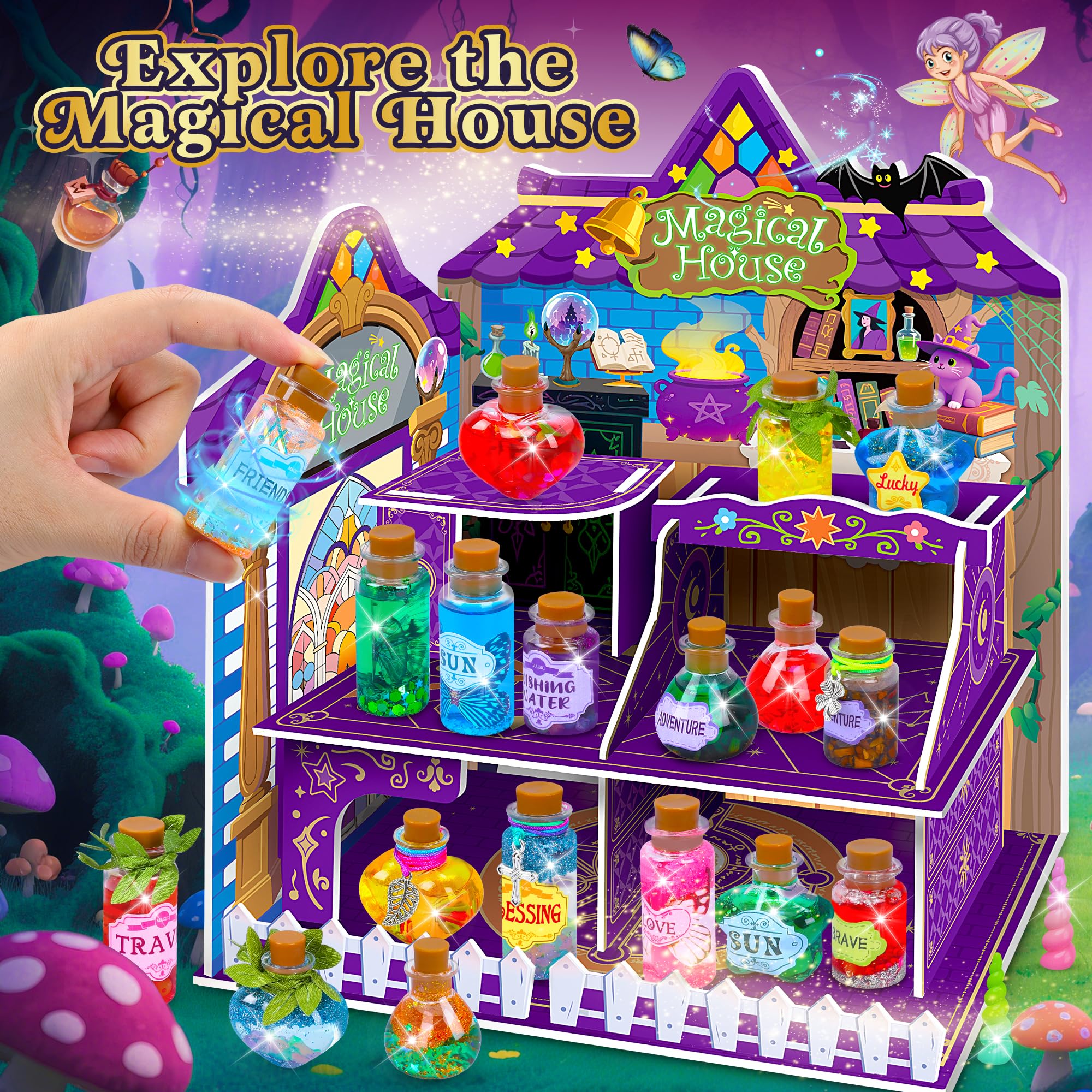 Cartell Potion Bottles Display shows sparkling bottles arranged in a whimsical shelf.
