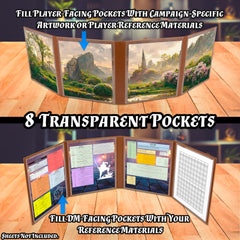 CASEMATIX DM Screen outward-windows showcase artwork and quick-reference sheets during play.